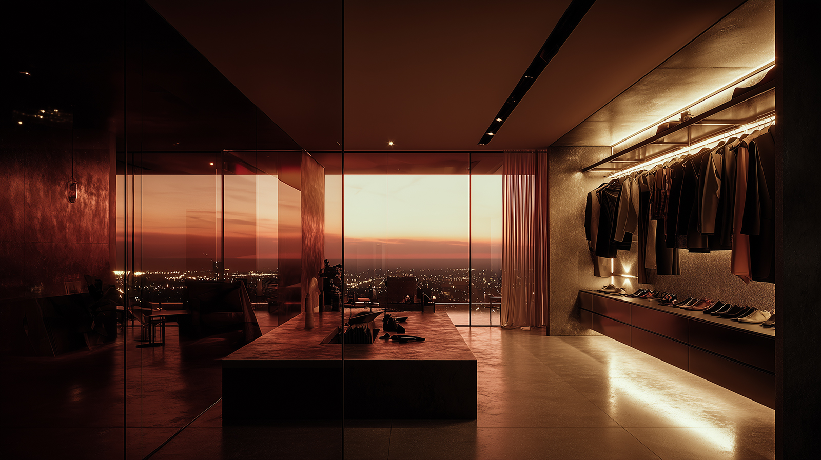 London penthouse walk-in closet with interior visualisation and storage design