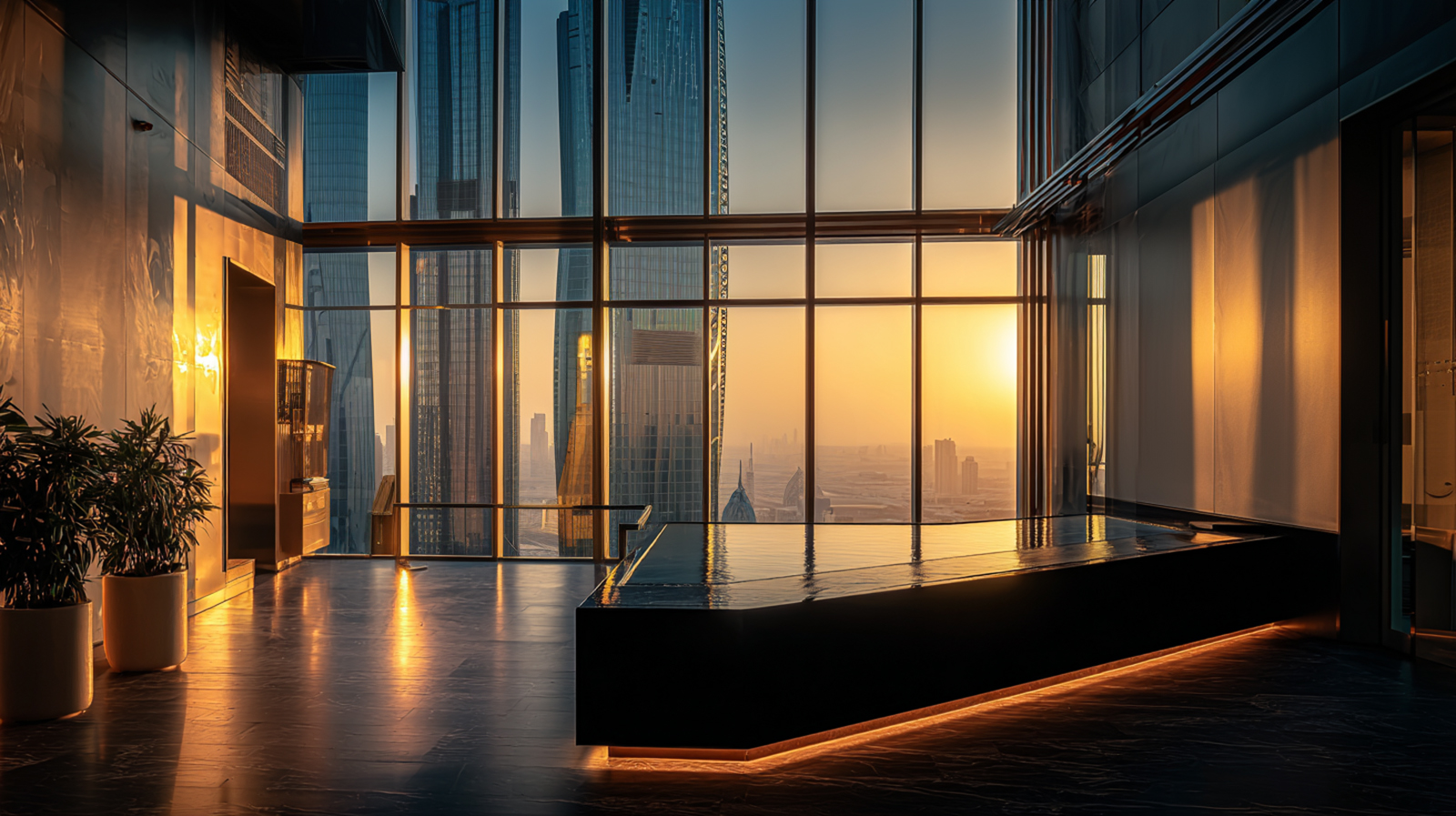 Private banking interior with architectural water feature
